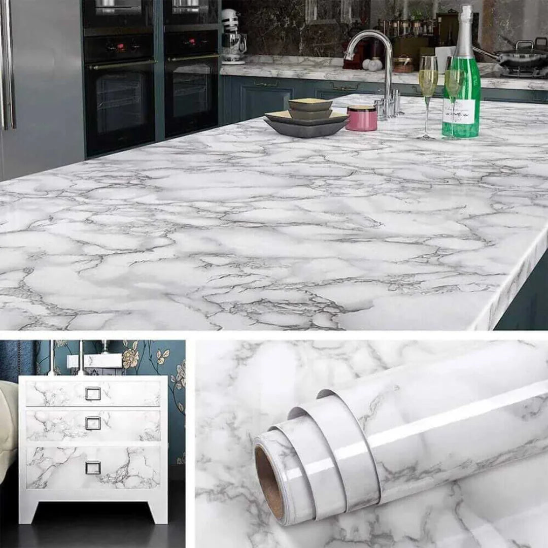 White Marble Kitchen Sheet – Black Vein Design (6.5 ft × 2 ft | 2 Meter Roll)