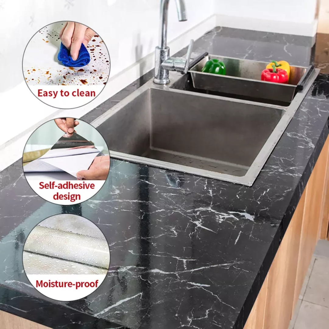 Kitchen Marble Sheet – Black | 6.5 ft × 2 ft (2 Meter Roll)