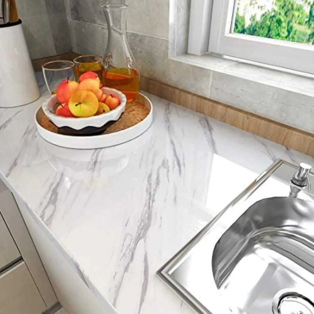White Marble Kitchen Sheet – Black Vein Design (6.5 ft × 2 ft | 2 Meter Roll)