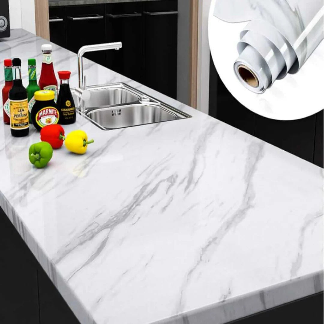 White Marble Kitchen Sheet – Black Vein Design (6.5 ft × 2 ft | 2 Meter Roll)